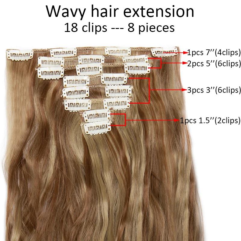 BENEHAIR Synthetic 24'' Long Wavy Clip In Hair Extension 140g Hair Piece 8Pcs/set Clips Pink Purple Blonde False