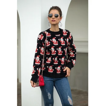 

Christmas Women Sweater Santa Claus Xmas Printing Long Sleeve O-neck Christmas Knitting Pullover Sweater Top Jumper Knitwear