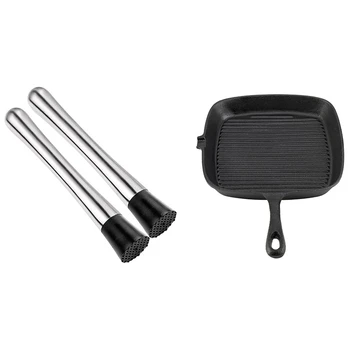

Promotion! 2PCS Muddler Bar Tool & Stainless Steel Cocktail Muddler 8 Inch Long & 1x Cast Iron Steak Frying Pan Food Meals Gas