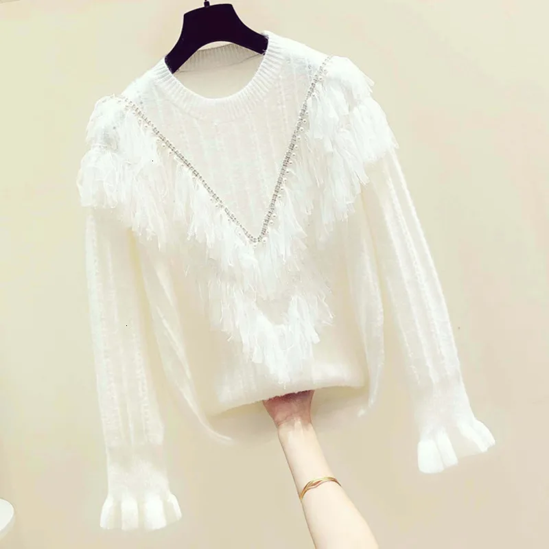 

2019 Heavy Work Beaded Mesh Tassel Pullover Sweater Female Autumn And Winter New Fashion Wool Sweater Y254
