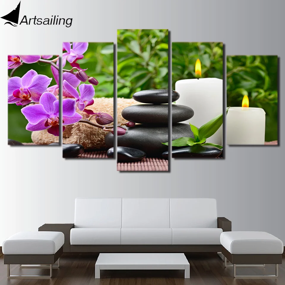 

HD Printed 5 Piece Canvas Art Pink orchid Spa Zen Painting Framed Wall Picture for Living Room home decor on canvas wall ny-1680
