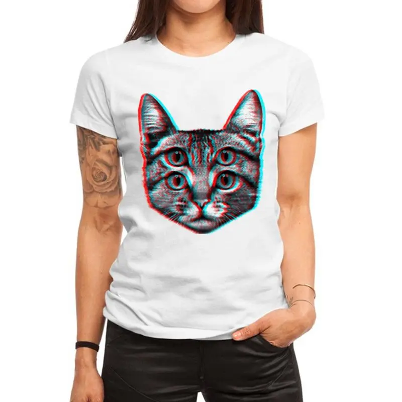 Creative novelty Funny Visual error Cat print Women t shirt Hipster Short Sleeve O Neck t-shirt Ladies White Tops Tee Shirt