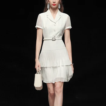

Seifrmann Fashion Designer Bohemian Summer Mini Dress Women Notched Tulle sleeves Button Double Ruffles Female Slim Short Dress