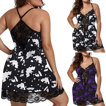 

Plus Size Night Dress For Women Floral Print Lace Stitching Harness Mother Clothing Cross Back V-neck Sexy Night Dress