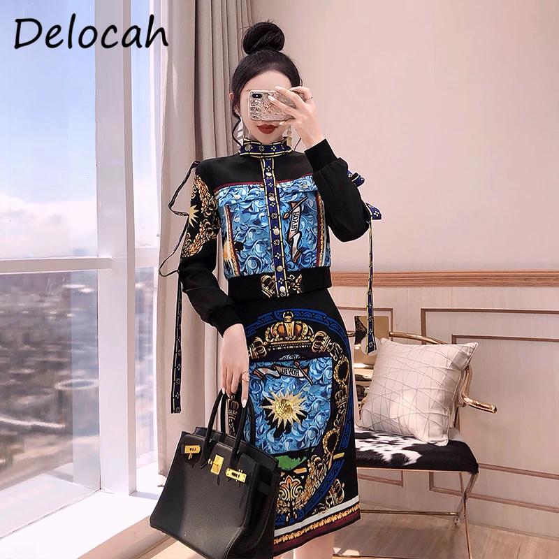 

Delocah Women Autumn Fashion Designer Skirts Set Lantern Sleeve Loose Tops + High Waist Bodycon Fit Midi Skirts 2 Two Pieces Set
