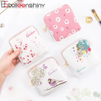

BalleenShiny Cotton Linen Sanitary Napkin Storage Bag Flower Printed Card Key Digital Product Pouch Portable Travel Organizer