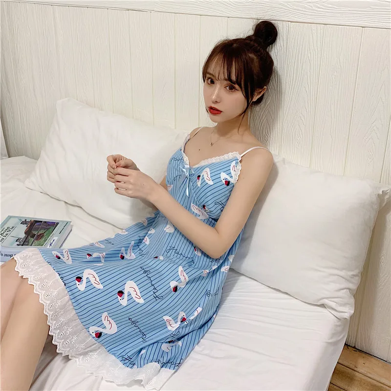 

Caiyier Summer 2020 Sexy Sling Women Nightgown Blue Flamingos Print V Neck Lace Mini Dress Girl Cotton Spaghetti Strap Nightdres