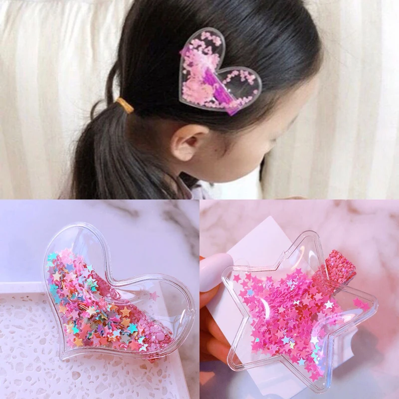 

MISM INS 1pc PVC Hair Clips For Girls Transparent Quicksand Sequins Hairpins Kids Heart Star Barrettes Hair Accessories Cute