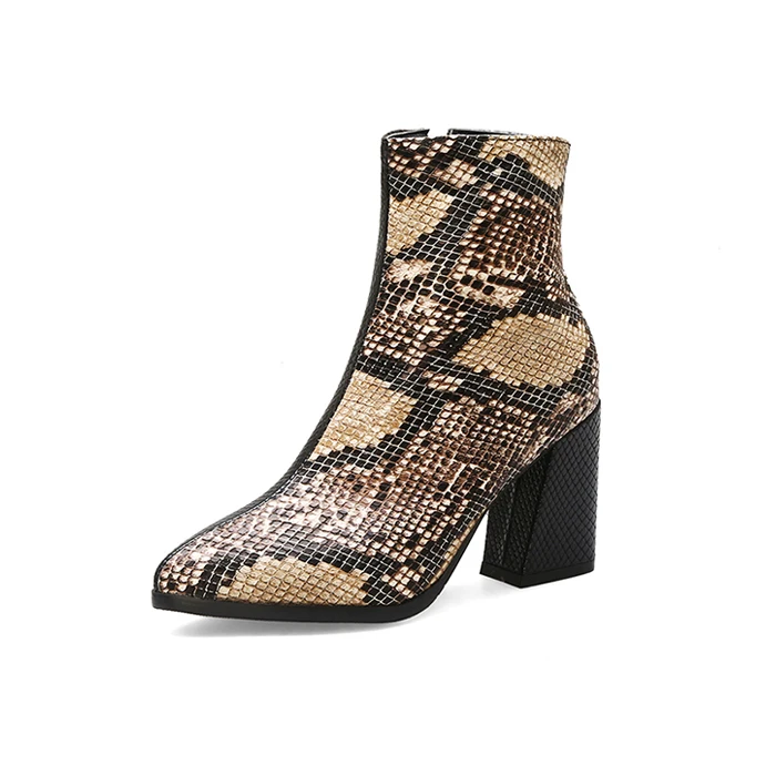 Новые зимние женские ботильоны из искусственной кожи со змеиным принтом; обувь на молнии с острым носком; женские ботинки на толстом высоком каблуке; обувь для вечеринок; zapatos de mujer - Цвет: Brown