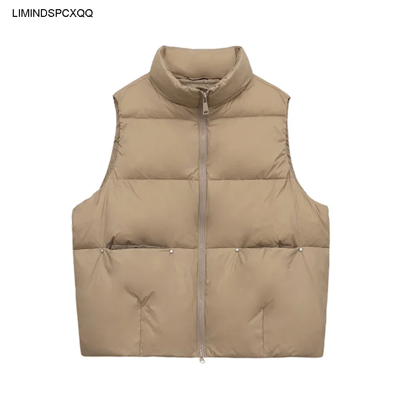 

Autumn Black Cropped Vest Down JacketWomen Fashion Warm Sleeveless Parkas High Collar Waistcoat Female Casual Outerwear Chic Top