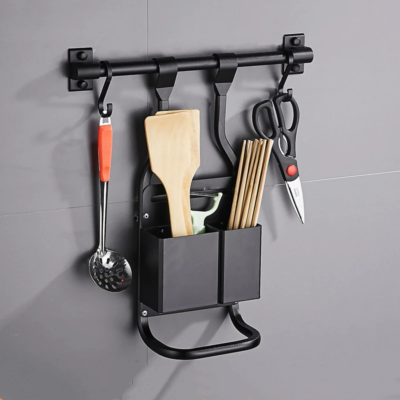 Black Stainless Aluminum Alloy Kicthen Wall Mounted Storage Rack Spice Shelf Chopping Board Holder Cutlery Container Organizer