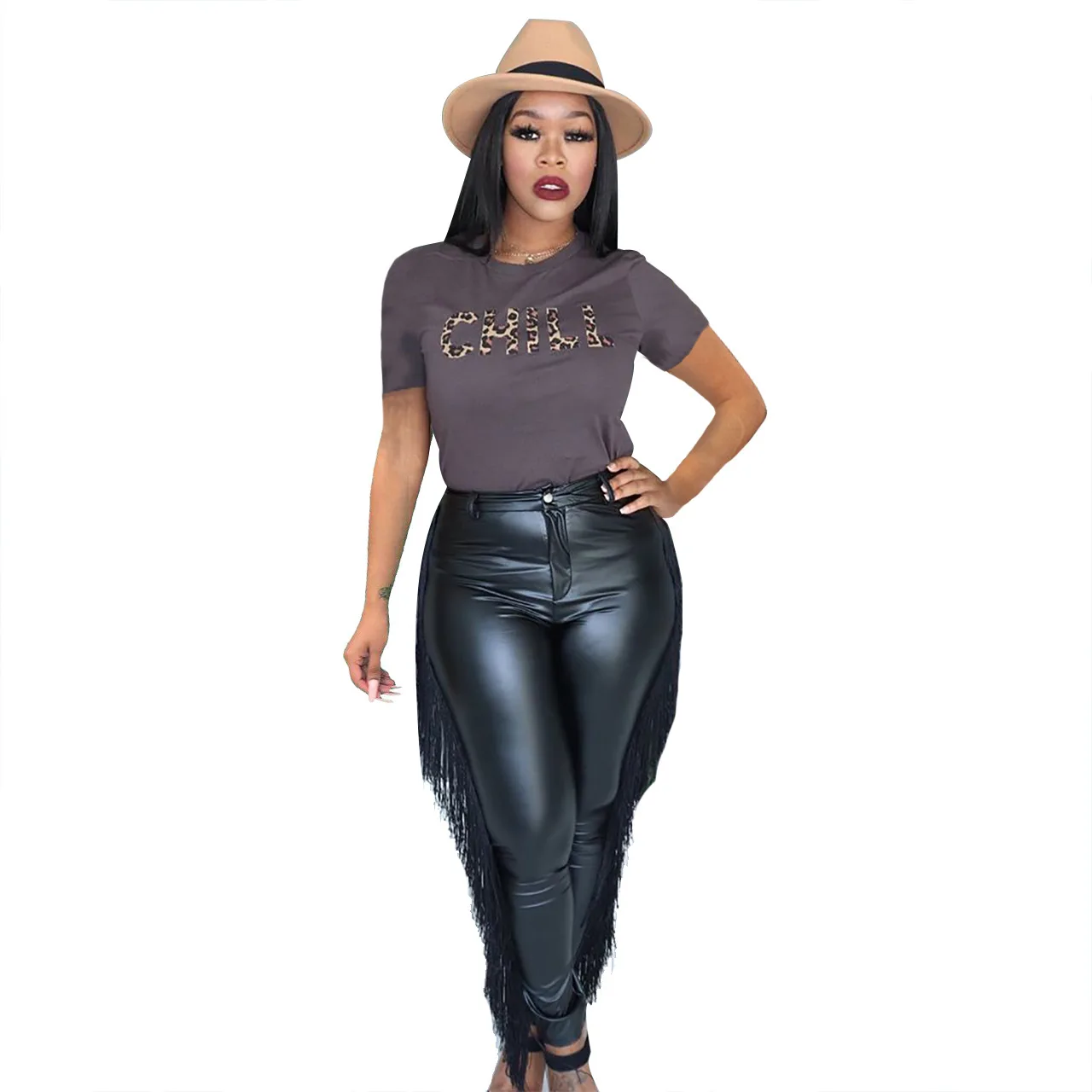 Casual PU Leather Tassel Pants Slinky Pencil Pants Elasticity High Waist Pants Streetwear Trousers Plus Size Women