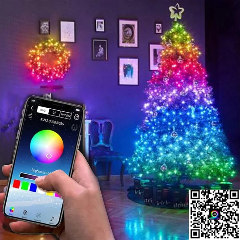 Guirnalda LED con USB para exteriores, luces navideñas de colores RGB con Bluetooth, decoración navideña para el hogar y la adornos de árbol de Navidad|Colgantes adornos en de
