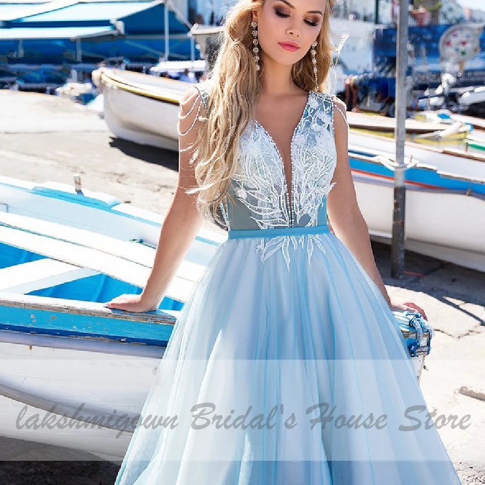 Голубое свадебное платье Пляжное 2020 Robe de Mariee Boheme сексуальное кружевное 3D
