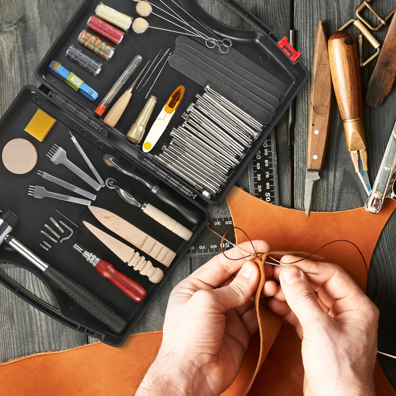 128 Pieces Leather Tool Kit, Leather Work Tool, Leathercraft Tools and Supplies with Stamping Tools Rivets Kit