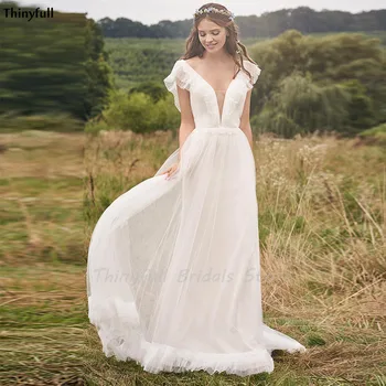 

Thinyfull Country Tulle Wedding Dresses Cap Sleeves V-Neck Bohemian Backless Plus Size Bride Dress For Women A-Line Vestidos