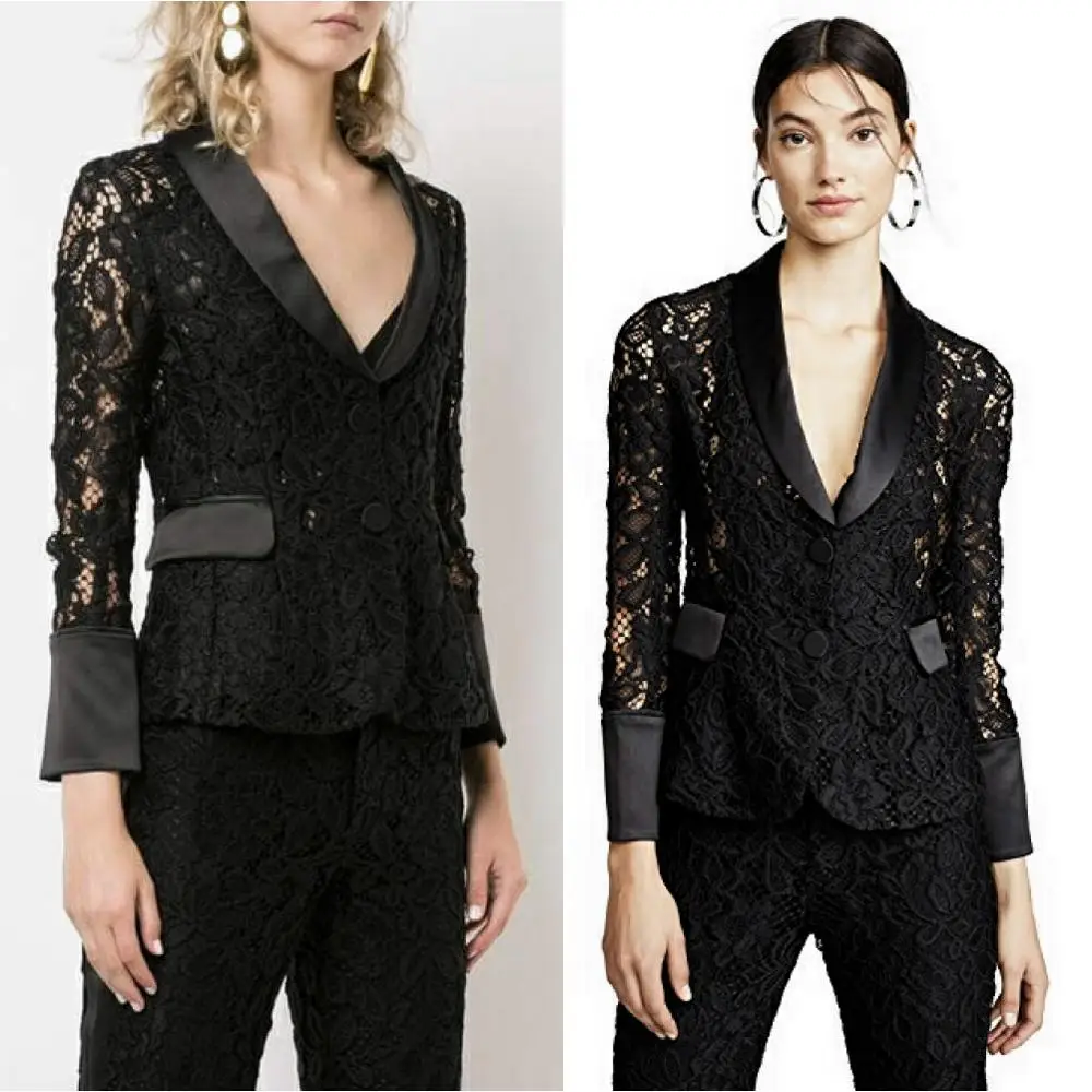 

Black Floral Lace Tuxedo Blazer Classy Satin Patches Cropped Tailored Jacket Semi-Sheer Cutout Single Breasted Occasion Blazer