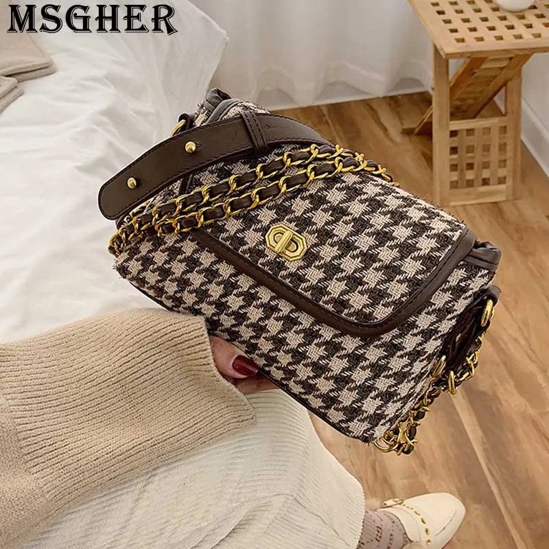 MSGHER, клетчатая женская сумка на плечо, осенняя, липкая, металлическая цепочка, винтажная, практичная, Ниша, зимняя, темпераментная, для девушек, сумка WB3313