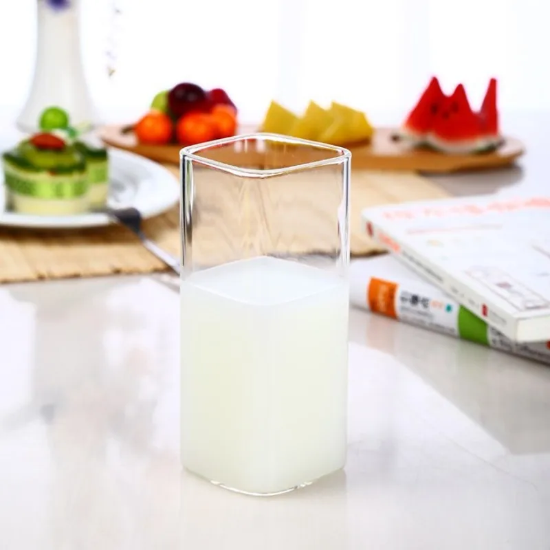High Temperature Resistant High Borosilicate Glass Square Transparent Water Cup Milk Juice Mug Couple Student Gift Cup 2 Pack