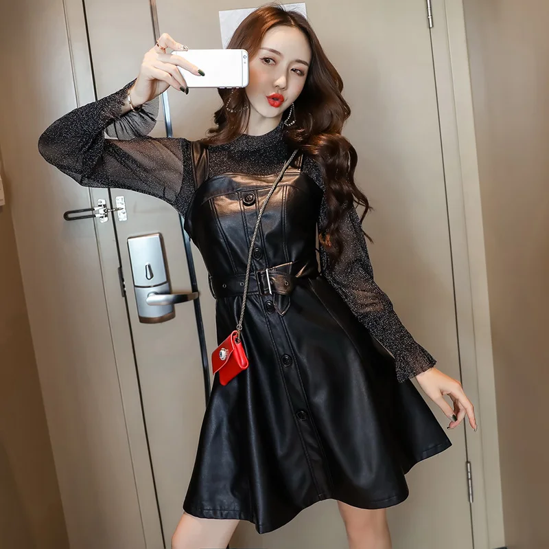 

2019 New Women dress Lantern Sleeve Perspective + Wash Pu Leather Waist Dresses Black 9939