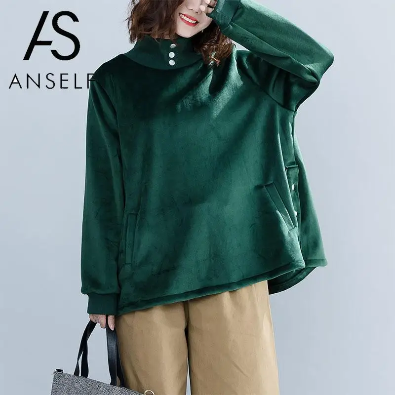 

ANSELF Korean Fashion Hoodies Women Velvet Sweatshirt Hoody High Neck Long Sleeve Tunic Loose Thicken Pullover female Hoodie Top