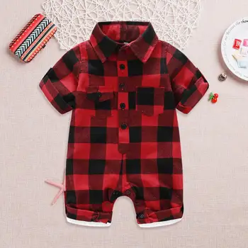 

2pcs Baby Kid Cotton Clothes Set Autumn Breathable Personality Plaid Printing Turn Down Collar Long Sleeve Button Romper Hat