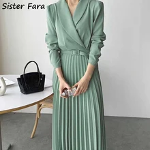 

Sister Fara Chic Lace Up Pleated Dresses for Women's Spring High Waist With Belt Dresses Autumn Office Lady Notched Casual Dress