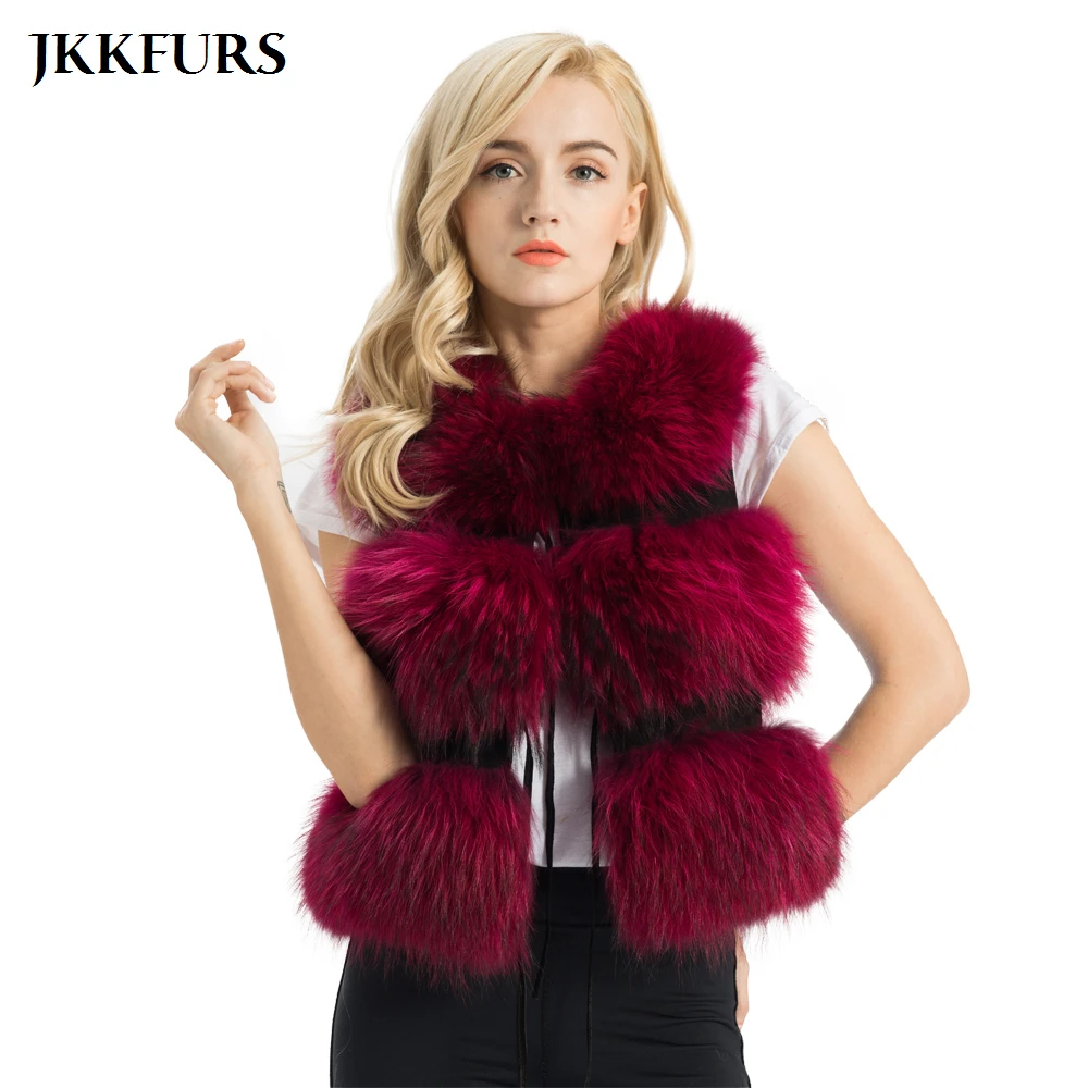JKKFURS 2019 Новое поступление жилет из натурального меха женский енота зимний модный