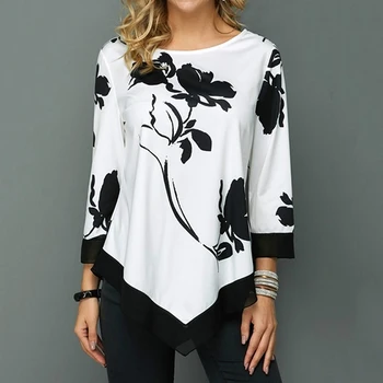

Women t-shirt Casual Nine Quarter Sleeve Irregular Tops Plus Size Women Autumn Flower Print Loose Tops O-neck Streetwear