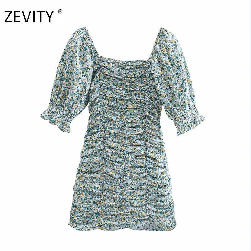 Zevity Women fashion square collar floral print pleated short mini dress female puff sleeve slim vestido casual Dresses DS4194