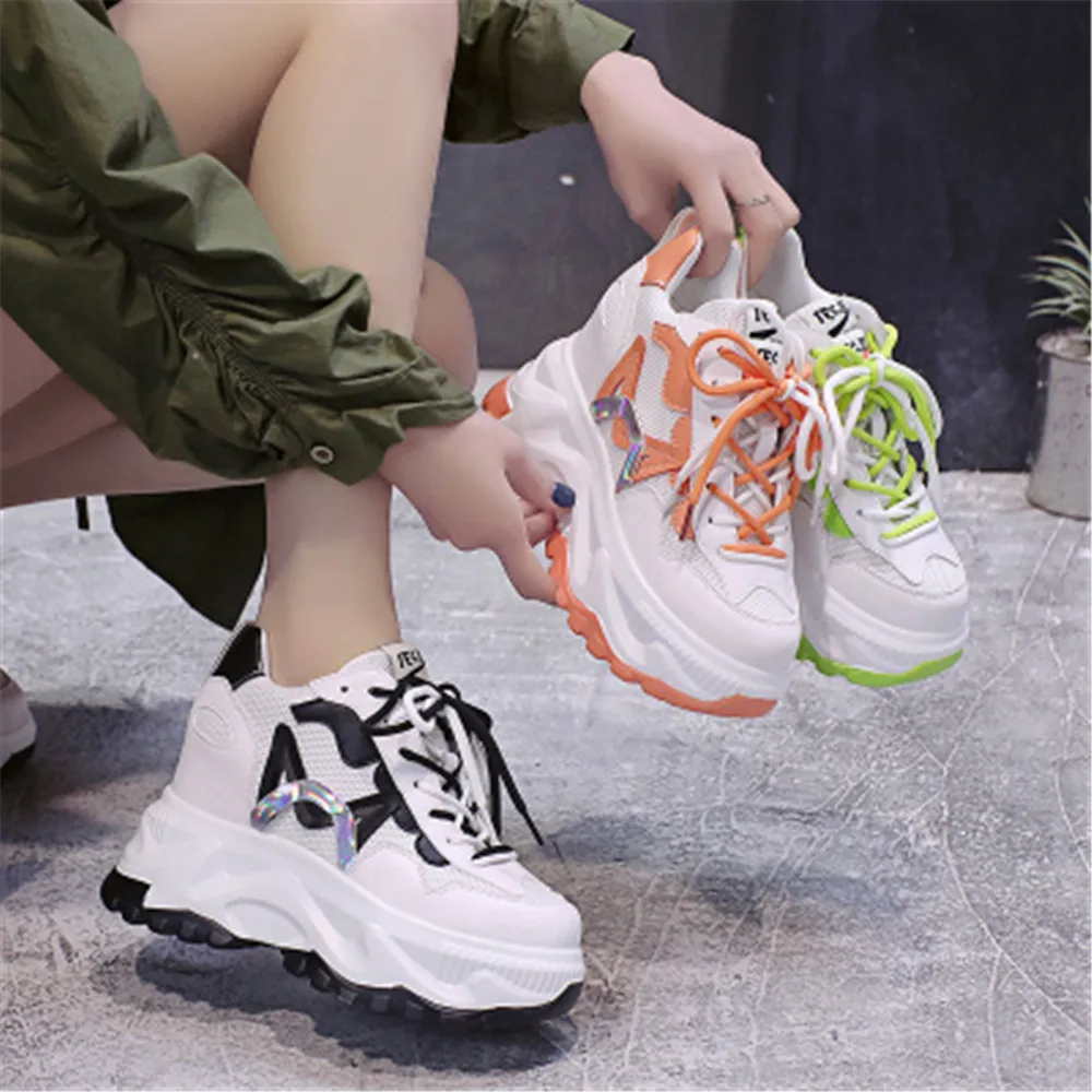 

Women Chunky Sneakers Spring Platform New 2022 Ladies Wedges Casual Shoes For Female 10CM Heels Leather Sports Dad Shoes 34-39