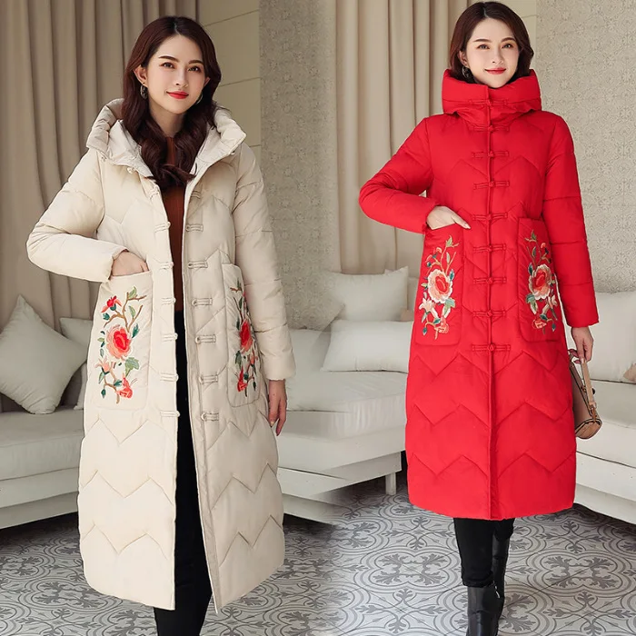 

Down Jacket Women's 2019 Winter New Style Retro Cotton Coat Embroidered WOMEN'S Coat Frog Mid-length Cotton-padded Clothes Fashi