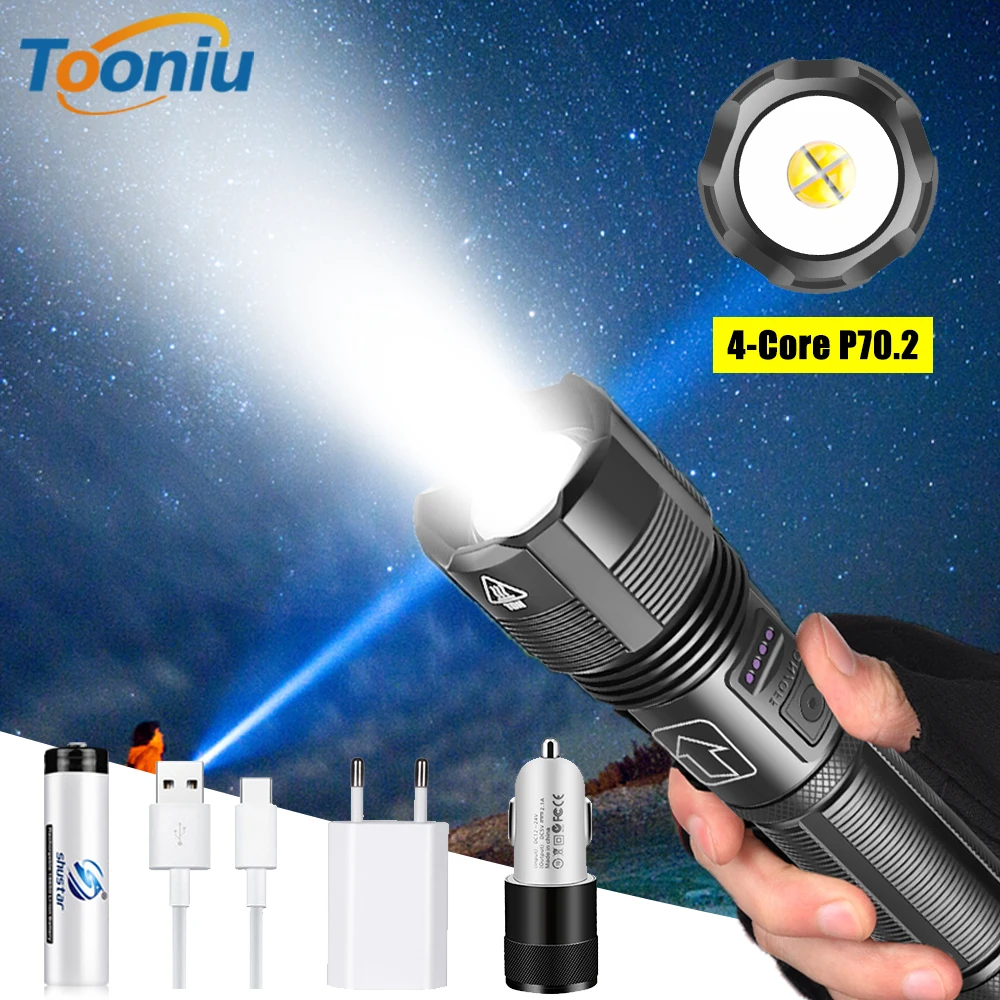 

LED Tactical Flashlight 4 Core P70.2 Waterproof Torch Powerful Lantern Zoom Super Bright USB Rechargeable 18650 Bicycle Lights