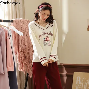 

Pajama Sets Women 2020 Winter School Students Lovely Printed Womens Pajamas Korean Style Sweet O-neck Ladies Home Clothing Chic