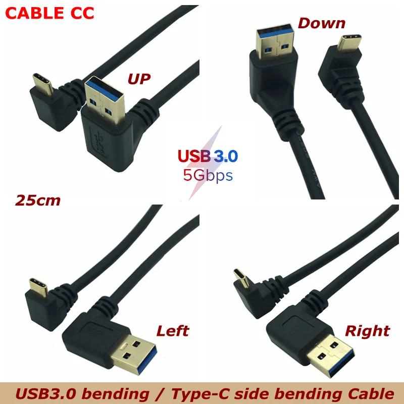 25 см позолоченный USB 3.0 90-градусный коленчатый кабель Type-C с боковым изгибом 3A