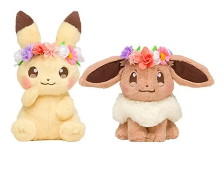 

18cm Japan New Pikachued & Eevee with Flower Head Ring Ex Gx Mega Doll Plush Eevee Toy