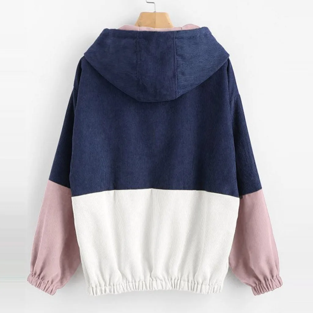 Womens Girl College Sweatshirt Splicing Zipper Pocket Hooded Cap Long Sleeves Top Blouse Sweatshirt Streetwear sudadera mujer