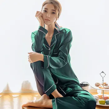 

2 Piece Spring Autumn Pajama Set For Women Sleepwear Faux Silk Pajamas Set Long Sleeve Sleepwear Pajamas Suit Female Homewear