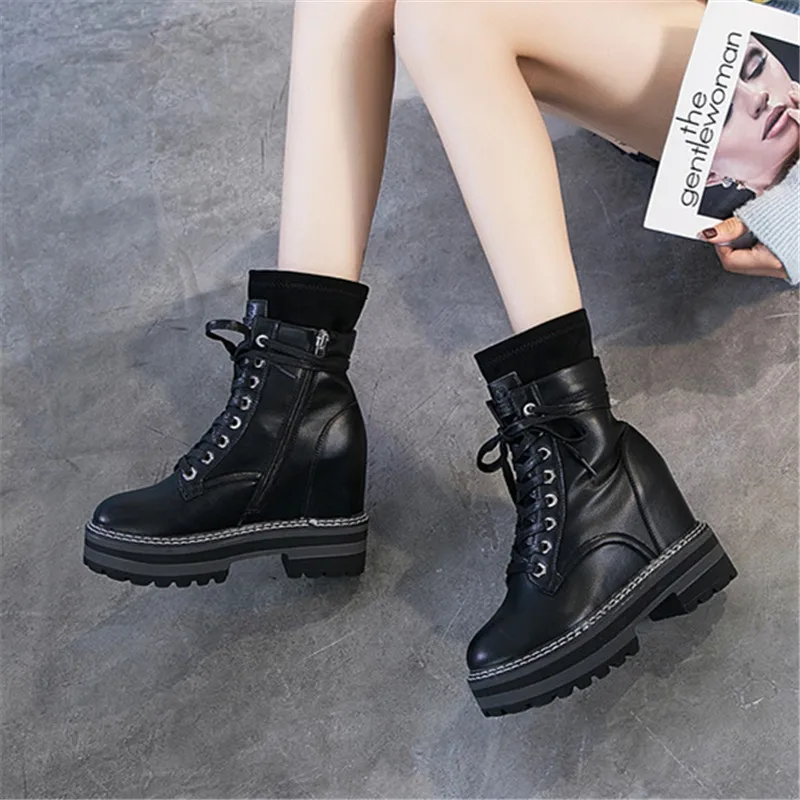 Tanie RASMEUP 2019 Fashion Style skóra jesień wysokość zwiększenie kobiet Chunky buty buty damskie platformy trampki Martin buty