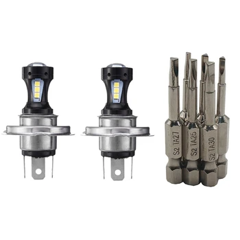 

2Pcs H4 Motorcycle 3030 Led High and Low Beam Headlight Bulb 6500K 12-24V 800Lm 6500K & 6Pcs S2 Steel Triangular Screw Bits Magn