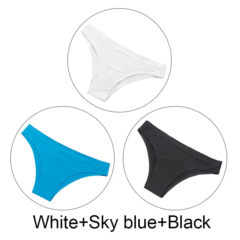 White Skyblue Black 3 шт./партия, бесшовные стринги, шелк льда, соблазнительные женские трусики, нижнее белье, стринги, однотонное нижнее белье, низкая посадка, большие размеры, трусы женские - Цвет: White Skyblue Black