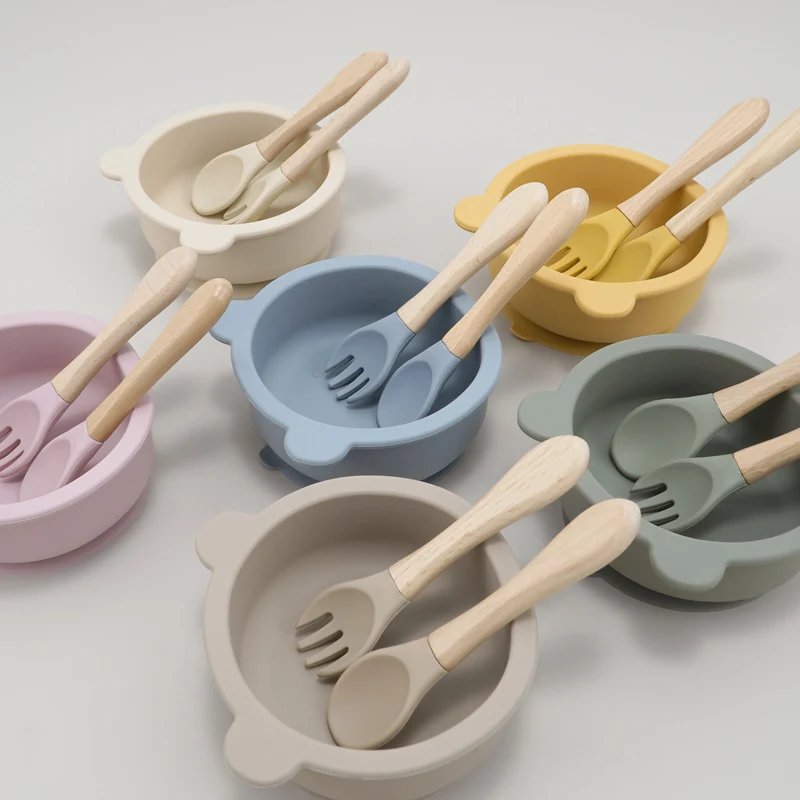 2pcs Kids Soft Silicone Feeding Solid Food Wooden Handle Spoon Fork Food Grade Baby Health Children's Tableware 5