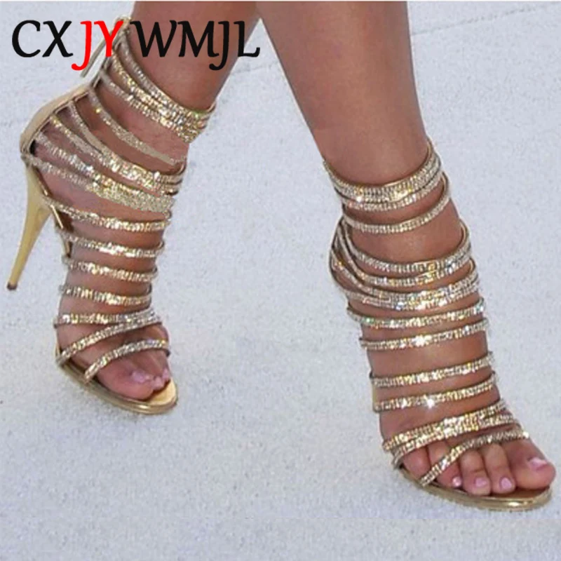 

Golden Rhinestone Big Size Zipper Design Women Thin Heels Sandals PU Gladiator Crystal Shoes Summer Bar Sexy High-heeled Sandal