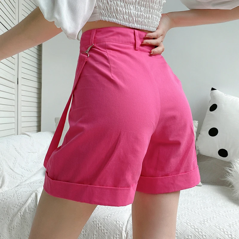 Pink Casual Cargo Short Pants Women Harajuku High Waist Shorts with Strips Pockets Fashion Loose Shorts High Street