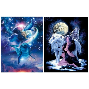 

2 Set 5D Diy Diamond Painting Home Decoration Round Diamond - Dolphin & Girl and Wolf