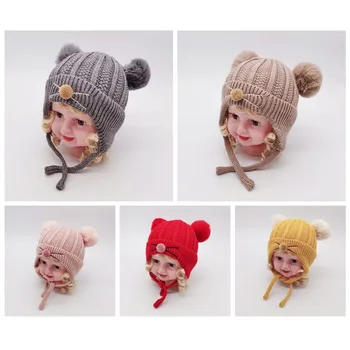 

Kakakid Double Pompom Baby Hat Winter Knitted Kids Baby Girl Hat Ear Warm Children Infant Beanie Cap Girls Bonnet