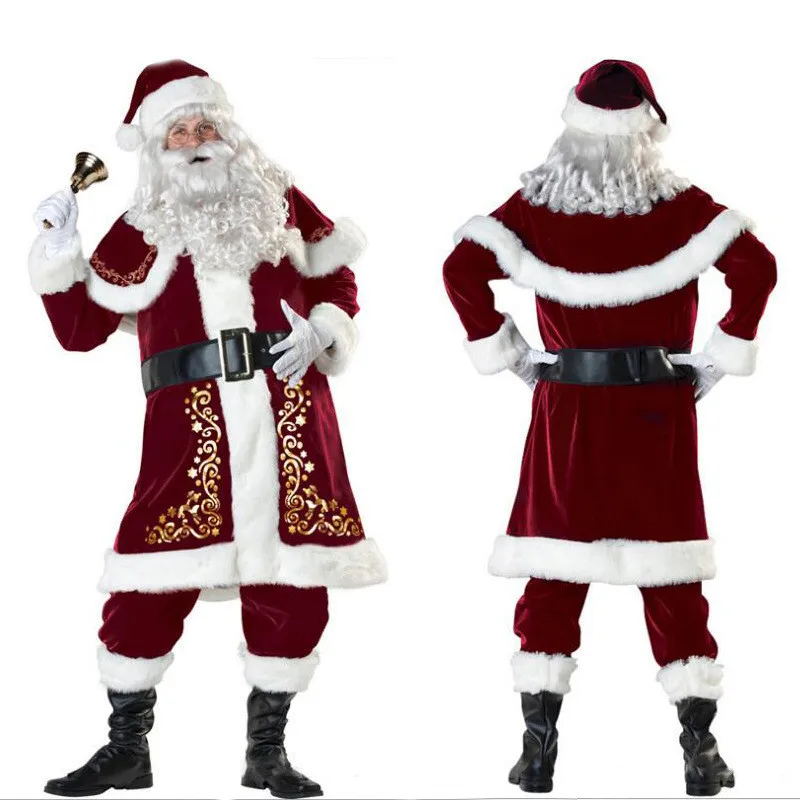 

Best M-XXXL New Deluxe Velvet Christmas Santa Claus Suit Adult Mens Costume gloves + shawl+hat+clothes+belt+Foot cover+gloves