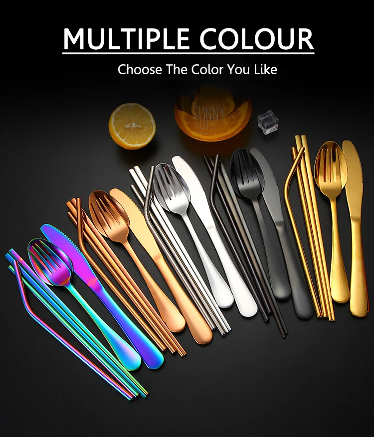 Dinnerware Set Travel Camping Cutlery Set Reusable Silverware With Metal Straw Spoon Fork Chopsticks And Portable Case