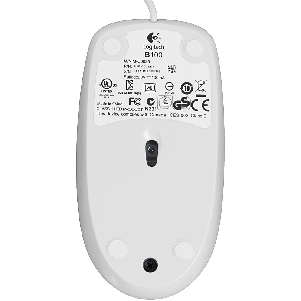 Мышь LOGITECH B100, проводная, USB, белый