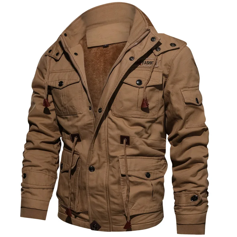 Новинка, зимняя куртка для мужчин, повседневное плотное тепловое пальто, армейская куртка пилота, куртки ВВС, куртка-карго, верхняя одежда, флисовая куртка с капюшоном, одежда 4XL - Цвет: Шампанское